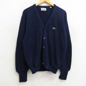 L/古着 ラコステ LACOSTE IZOD 長袖 ブランド ニット カーディガン メンズ 80s ワンポイントロゴ アクリル Vネック 紺 ネイビー 23sep2