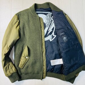 美品/M-L相当★ディーゼル/DIESEL ケーブル編み ウールニット コンビジャケット MA-1 ブルゾン 中綿 裏地プリント メンズ カーキ