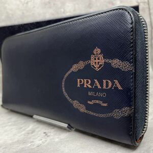 【希少】PRADA プラダ メンズ ビジネス 長財布 ラウンドファスナー デカロゴ バイカラー レザー 本革 サフィアーノ 小銭入れ ブラック 黒