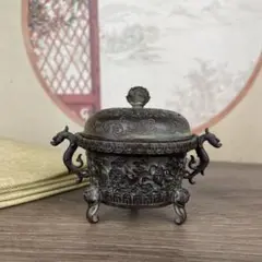 銅製 神獣香炉 八宝図紋三足双耳薫炉 薫炉 茶道具 装飾品 工芸品 置物