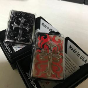 ZIPPO ジッポー クロスメタル貼り RED BLACK 2012年製 ペア 2個セット 未使用