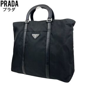 美品　PRADA プラダ　ハンドバッグ　ブラック　ナイロン　レザー　手提げ　トートバッグ　ショルダーバッグ　三角プレート　白タグ　黒