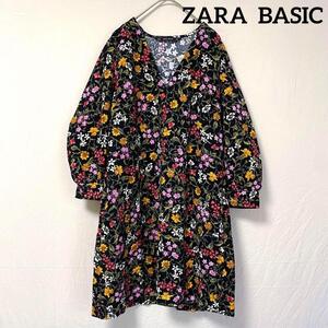 美品【ZARA BASIC】ザラ リバティ 花柄Vネックワンピース M 総柄 黒 レトロ ゆったり ボリュームスリーブ