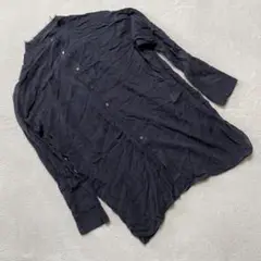 ジーナシス シャツ ダークネイビー スタンドカラー リネン混 長袖 Fサイズ