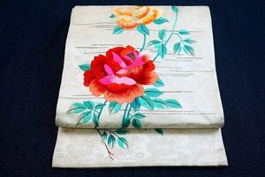 【着物フィ】アンティーク 名古屋帯 3m32cm バラ 刺繍 薔薇 大正ロマン　レトロ　お洒落　正絹　16266