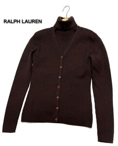 RALPH LAUREN★ラルフローレン★インパクト21（M）ウール100% リブニット カーディガン&タートルネック半袖セーター アンサンブル/濃茶系 