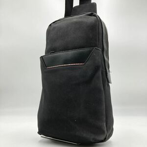 美品 現行 Paul Smith メンズ ボディバッグ ショルダーバッグ クロスボディ 斜め掛け マルチストライプ ブランドロゴ レザー ブラック 黒