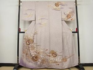 平和屋-こころ店■訪問着　刺繍　雪輪花蝶文　金彩　ラメ　正絹　逸品　AAAD9779Abr