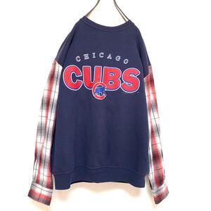 【極美品】Lee CHICAGO CUBS 切替 袖チェック サマー スウェット トレーナー 薄手 トレーナー