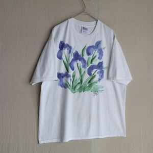 00s Hanes Tシャツ / L コットン ポリ ホワイト ハンドペイント イラスト 花 半袖 USA ビンテージ T4-06221-9484