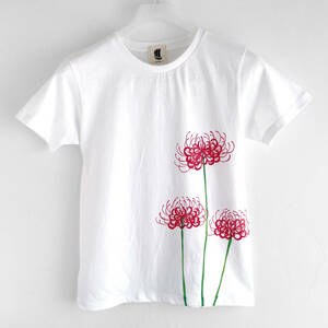 レディース Tシャツ Mサイズ 白 彼岸花柄Tシャツハンドメイド 手描きTシャツ 和柄 花柄 秋冬
