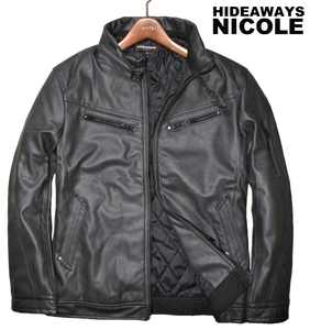 新品 秋物 中綿入り M 定価1.8万▼ ニコル HIDEAWAYS NICOLE ▼ 立衿 フェイクレザー ライダースジャケット ブルゾン 墨 黒 レザー