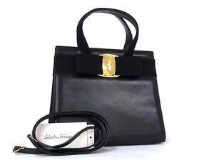 1円 Salvatore Ferragamo フェラガモ BA214178 ヴァラリボン レザー 2WAY ハンドバッグ ショルダー 肩掛け レディース ブラック系 FC5934