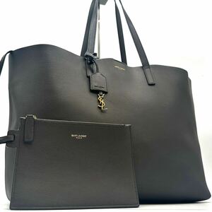 美品 SAINT LAURENT サンローラン ショッピングトート ハンド ビジネスバッグ A4 PC 大容量 肩掛け YSL ゴールド金具 グレー レザー メンズ