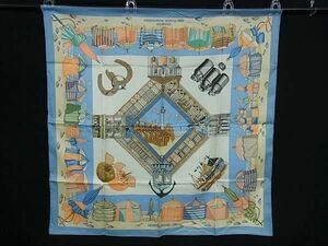 1円■新品同様■HERMES エルメス CHARMES DES PLAGES NORMANDES【ノルマンディ海岸の魅力】カレ90 シルク スカーフ ライトブルー系 FD0967