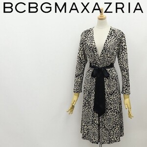 ◆BCBG MAXAZRIA マックスアズリア ストレッチ 総柄 ウエストリボン ギャザー ワンピース ブラック×ベージュ Ｓ