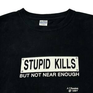 希少【90s ビンテージ STUPID KILLS 1997 ボックスロゴ Tシャツ XL GILDAN 】アメリカ USA アート パロディー メッセージ