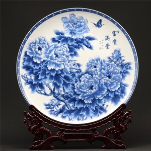 景徳鎮　磁器　牡丹　藍釉 青花　陶磁器 観賞皿　置物 中国美術品　工芸品　収蔵　コレクション zh53