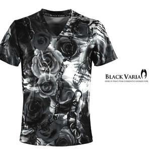 9#bv10-bk BLACK VARIA 薔薇 花 チェーン ゼブラ プレミアム Vネック 半袖Tシャツ メンズ(ブラック黒) LL 日本製 吸水速乾＆2wayストレッチ