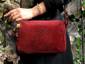 ●超美品●LOEWE ロエベ●アナグラム●スエード レザー 本革●ショルダー バッグ●ワインレッド●ゴールド金具●斜め掛け●かばん●Js52796