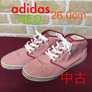 【売り切り!送料無料!】A-140 adidas NEO!26.0cm!ハイカットスニーカー!ストライプ!ヒッコリー!赤!白!古着!デニム!中古!