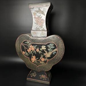 コレクター買取品　中国美術　乾漆　大花瓶　飾壷　花入　花器　花鳥文　時代物　骨董品　古美術　高さ：約58.5㎝