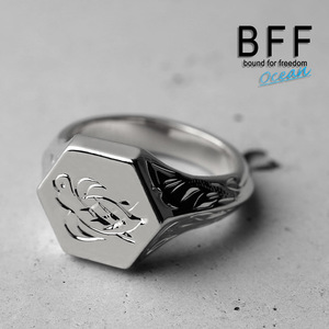 BFF ブランド タートル 印台リング スモール 小ぶり シルバー 18K 銀色 六角形 手彫り 彫金 専用BOX付属 (16号)