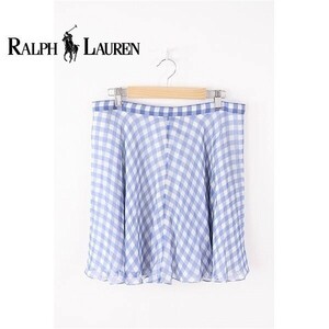 A3514/春夏 薄手 POLO RALPH LAUREN ポロラルフローレン シルク100% チェック ミディ丈 膝丈 フレアスカート 6 165/74A 水色/レディース