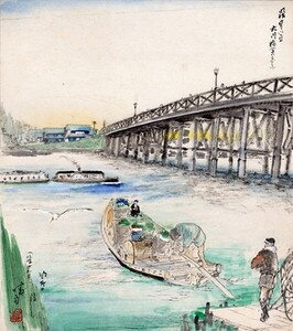 伊藤晴雨色紙「大川橋」　彩色　色紙　サイン、タイトル　自題共タトウ　27×24　Seiu Ito