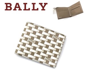 8万新品◆BALLY◆バリー ペナントモチーフ スポーツフラッグ柄 紙幣・カード用2つ折り財布 グレージュ 1円