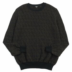 美品○フェンディ 2022年製 FZX034 AKFS GIROCOLLO FF DETAIL KNIT カシミヤ混 ズッカ柄/FFロゴ クルーネック ニット 茶 54 伊製 正規品