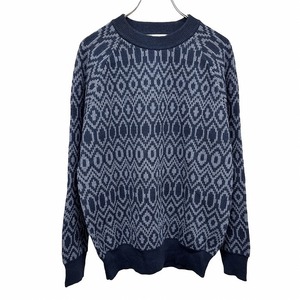 グリーンレーベルリラクシング UNITED ARROWS Green Label Relaxing ニット セーター 総柄 ラグラン 長袖 アクリル×毛 S 紺 レディース