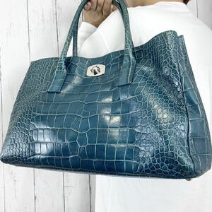 1円【美品 希少色】FURLA フルラ トートバッグ 本革 クロコダイル 型押し メンズ ビジネス レザー 肩掛け A4 ショルダー グリーン ロゴ金具