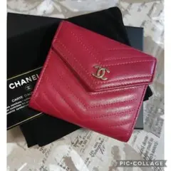 極美品 CHANEL シェブロン(Vステッチ)スモールフラップウォレット 折財布