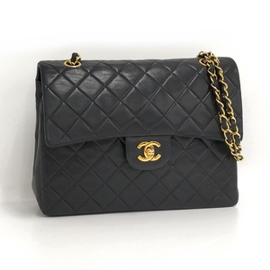 【中古】CHANEL マトラッセ25 チェーンショルダーバッグ Wフラップ Wチェーン ゴールド金具 ラムスキン ブラック