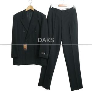 未使用 DAKS ダックス 94A6 ダブルブレスト ミドル丈 テーラードジャケット タック スラックス セットアップ スーツ 黒 ブラック