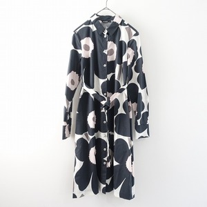 マリメッコ marimekko *Unikkoプリントベルテッドシャツワンピース*34モノトーン系ストレッチ布帛長袖腰紐(2-2411-194)【50L42】