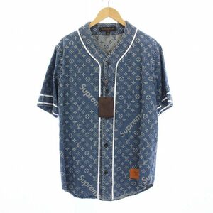 未使用品 LOUIS VUITTON Supreme Jacquard Denim Baseball Jersey ジャガード デニム シャツ 半袖 モノグラム ロゴ S 青 HDD92WALL