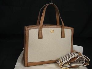 1円 ■極美品■ TORY BURCH トリーバーチ キャンバス×レザー 2WAY ハンドバッグ ショルダー ブラウン系×アイボリー系 FA8743