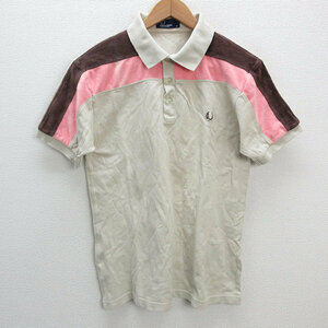 a■フレッドペリー/FRED PERRY ロゴ刺? 鹿の子 切替 半袖ポロシャツ【M】べージュ/MENS/122【中古】