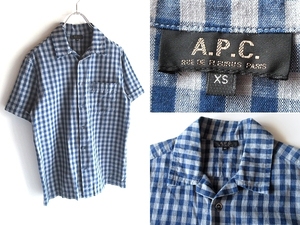 ネコポス対応 A.P.C. アーペーセー コットン ギンガムチェック柄 半袖 開襟 オープンカラーシャツ XS ネイビーブルー グレー 国内正規品