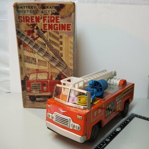 やのまん【SIREN FIRE ENGINE サイレン消防車 はしご車 ミステリーアクション動作確認済】当時物ブリキ玩具TIN TOY■YANO MAN【箱付】0950