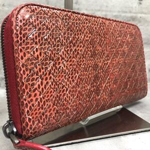 【希少】 BOTTEGA VENETA ボッテガヴェネタ 長財布 ラウンドファスナー パイソン レザー イントレチャート 蛇革 メンズ 赤 レッド系 