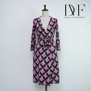 美品 DIANE von FURSTENBERG ダイアンフォンファステンバーグ シルク総柄カシュクールワンピース 膝丈 レディース ピンク 黒 サイズ0*QC914