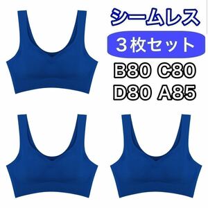 3枚 ノンワイヤー シームレス ブラジャー ブルー 青 3L XXL ナイトブラ セット シームレスブラ B80 C80 D80 A85 スポーツブラ ネイビー