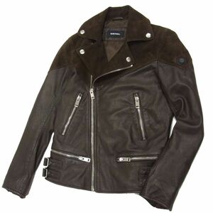 定価14万◇DIESEL ダブルフェイス ダブル レザーライダースジャケット 羊革/山羊革 激シブ ブレイブマンロゴ メンズ ディーゼル