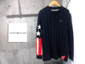 TOMMY JEANS トミー ジーンズ 星条旗柄 ケーブル編み クルーネック ニットセーター XL/ネイビー/メンズ/TOMMY HILFIGER トミーヒルフィガー