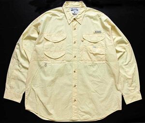 ★00s Columbiaコロンビア PFG コットン フィッシングシャツ 薄黄 L★オールド アウトドア フライ ロゴ オーバーサイズ ビッグサイズ