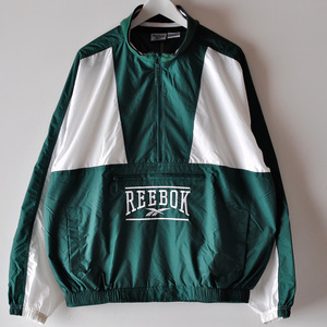 美品 90s Reebok リーボック ナイロン アノラック ジップ プルオーバー ジャケット 白 グリーン M 刺繍ロゴ ヴィンテージ オーバーサイズ