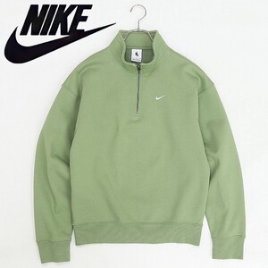 ◆NIKE ナイキ SOLO SWSH HW BB QZ TOP スウォッシュ ロゴ刺繍 裏起毛 ハーフジップ スウェット プルオーバー ライトグリーン S